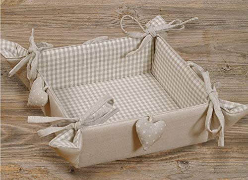 Brotkorb Stoff LINA 20x20 cm - Eckiger Brötchenkorb in beige mit Herzen & kariert - Nachhaltig aus 100% Baumwolle, waschbar bei 30°, Landhausstil für Brot, Brötchen, Gebäck oder Tischdekoration