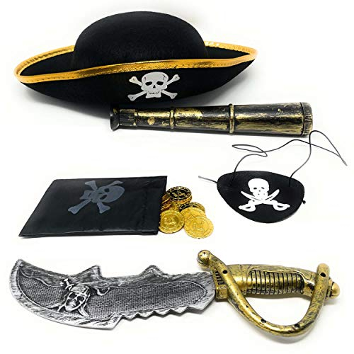 DDS Piraten Set Kinder 6 teilig - Piratenset mit Piratenhut Fernrohr Augenklappe Schwert Goldmünzen Schatzbeutel - Pirat Verkleidung zur Piratenparty & Fasching - Schatzsuche zum Kindergeburtstag