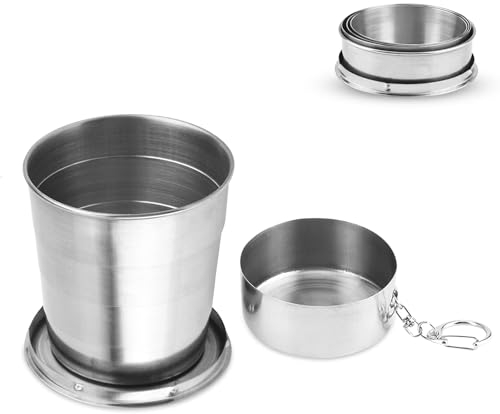 HERCHR 250ML Tazza Pieghevole in Acciaio Inossidabile, Coppa In Metallo Da Campeggio Portatile Con Portachiavi per escursioni e picnic