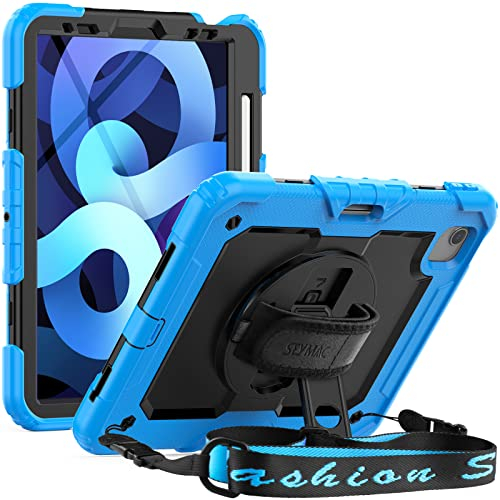 SEYMAC Kinder-Schutzhülle für iPad Air 5. / 4. Generation 27,7 cm (11 Zoll), stoßfest, mit Displayschutzfolie, drehbarem Ständer/Griff/Schultergurt, für iPad Air 5. / Air 4. Generation, Himmelblau