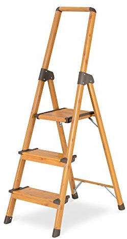 Navaris 3-Step Aluminium Ladder - Lightweight Small Folding Foldable Fold Away Household Step-Ladder for Kitchen w/Wood Finish - 150KG Load Capacity
