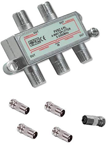 TV Splitter Sat Breitbandverteiler BK 2-fach, 3-fach, 4-fach, 6-fach, 8-fach Verteiler (analog digital Kabel Fernseher Radio LNB), Größe: 4-fach + IEC Stecker