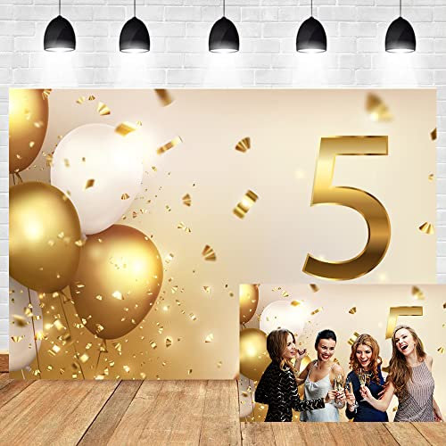 OERJU 2,1 x 1,5 m 5 Jahre Feier Hintergrund Dankeschön-Thema Glitzer Goldenes Konfetti Weiße Luftballons Fotografie Hintergrund 5. Jahrestag Tag Verlobung Hochzeit Party Kinder Geburtstag Party Banner