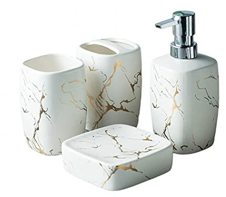 Badezimmerzubehör-Set, Luxus Marmor-Look Badezimmer-Sets mit Seifenspender, Zahnbürstenhalter, Becher, Seifenschale für Theke, Toilette, Wohnung, Dekor Stuff (matt weiß 4-teilig)