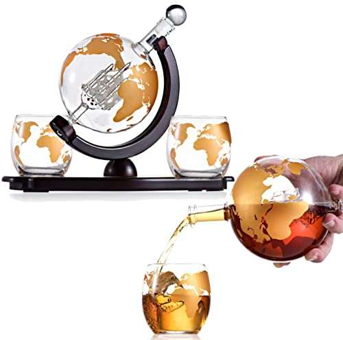 Bezrat Whiskey-Dekanter-Globus-Set – mit zwei 284 ml Gold geätzten Whiskygläsern – auf reichhaltigem Holz-Mahagoni-Basistablett – Gold-Whiskey-Spender für Likör, Scotch, Bourbon, Wodka – 850 ml