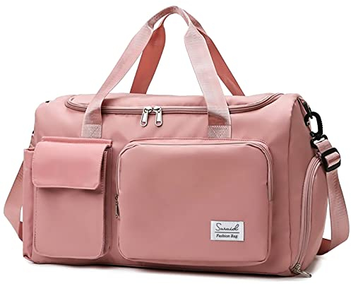 Suruid Sac de Sport, Sac de Voyage Femme et Homme Grande Capacité avec Compartiment Chaussure Poche Humide et Manchon pour Chariot Léger et Portable Sac Weekend, Fitness Rose