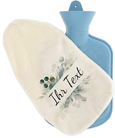 stempel-fabrik – Wärmflasche mit personalisierbarem Bezug – Motiv Blumenrahmen grün – kuscheliger Wärmflaschenbezug mit Wunschtext individuell gestalten – für Kinder & Erwachsene (800 ml)