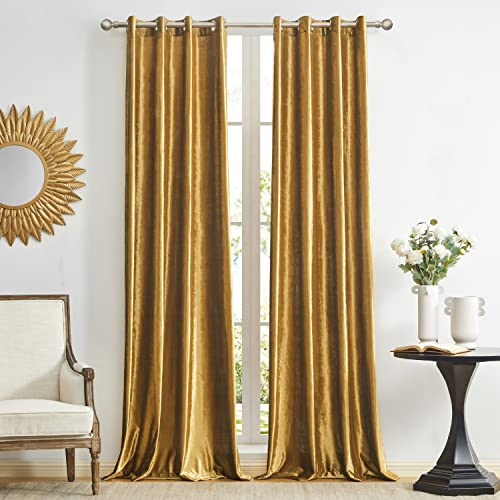 Gold Samt Vorhänge 140 x 240 cm (Breite x Länge), Wohnzimmer Öse Tülle Blackout Thermisch isoliert Verdunkelung Fenster Vorhänge für Schlafzimmer 2 Panels
