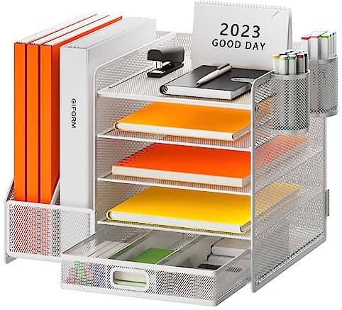 Restorgan Schreibtisch Organizer mit Aktenhalter, 5-stufiger Papier Organizer mit Schublade und 2 Stifthaltern,Mesh Schreibtisch Akten Organizer mit Zeitschriftenhalter (weiß)