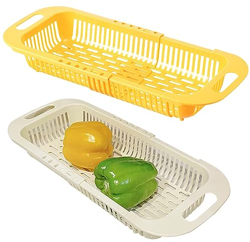 H&W 2 Pezzi Scolapasta Pieghevole,Colini e Scolapasta in Plastica Sopra il Lavello,Cesto di Scarico del Lavello Della Cucina con Manico,Frutta,Verdura,set di Scolapasta(Beige e Giallo)