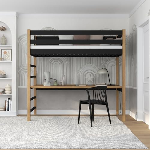 N-wood N01 Hochbett mit Schreibtisch, Etagenbett 100x200 cm, aus Eichenholz, 2 Leitermontageseiten, sichere abgerundete Kanten, Stabile Massivholzkonstruktion, Hochwertige Materialien, Schwarzeiche