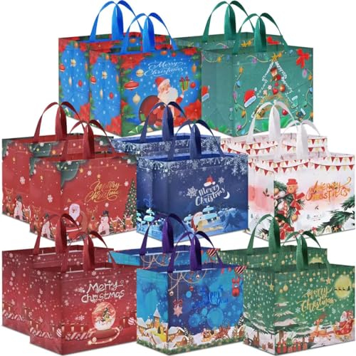 AhfuLife 16 Stück Geschenktüten Weihnachten Groß, Non Woven Weihnachtstaschen Weihnachtstüten mit Griffen, Wiederverwendbare Weihnachtsgeschenktüten, Weihnachts Geschenktüten, 32.5 x 25 x 17 cm