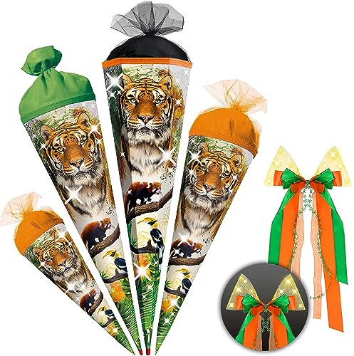 alles-meine.de GmbH Schultüte - Tiger & Zootiere 35-85 cm Größe wählbar - mit/ohne Holzspitze - inkl. Name + Verschluß-Schleife - Zuckertüte - Tüllabschluß/Filzabschluß..