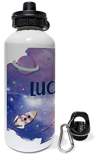 LolaPix Cantimplora Infantil con Correa. Botella Personalizada. Botella Agua Niños. Botella Aluminio Personalizada. Con 2 Tapones Cierre. Luna