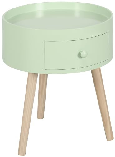 HOMCOM Table Basse - Table de Chevet - Table de Nuit Ronde - Design scandinave Table d'appoint Bout de canapé avec tiroir Pieds effilés inclinés Bois Massif Vert