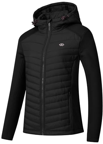 MoFiz Veste Randonnée Softshell Femmes Veste Chaude à Capuche Veste Course à Pied Sports Plein Air Noir L