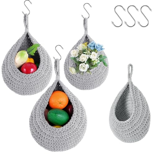 Opslagruimte Hängende Obstkörbe für die Wand, 3 Stück Boho Hängekörbe für Obst, Gemüse, Kartoffeln, Zwiebeln, Wandmontage-Körbe in Tropfen-Braun