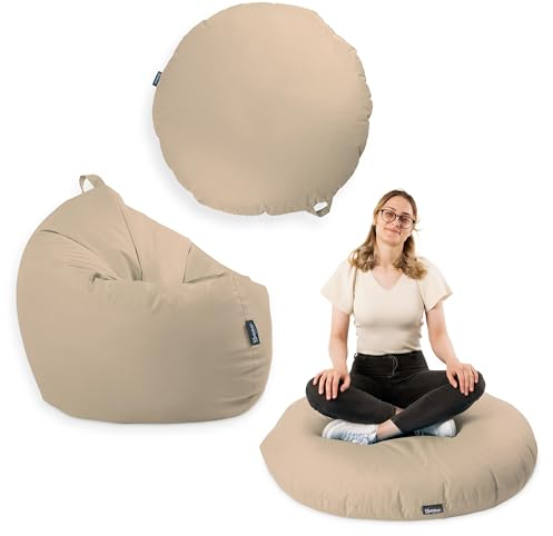 Premium 2-in-1 Sitzsack mit Füllung für Kinder & Erwachsene | Outdoor & Indoor | Sitzkissen Bodenkissen | Spielen & Entspannen | Wasser- und schmutzabweisend (Beige, 125 cm)