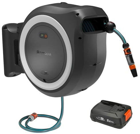 Gardena Conjunto Listo Para Usar Portamanguera de Pared con Batería PowerRoll XL: Portamanguera automático con manguera de 35 m, guía y RollControll, conjunto completo con batería (18642-20)