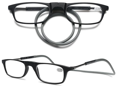 VEVESMUNDO Magnetische Lesebrillen um den Hals Klemmen Leicht Magnetverschluss Damen Herren Lesehilfe Brillen mit magnet (1 Stück Schwarz&Grau, 2.0)