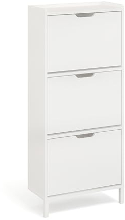 KOMTO Schuhschrank Schmal Weiß - Schuhregal Geschlossen mit 3 Klappen | Schuhkipper Madrid 55 x 25 x 124 cm (BxTxH)