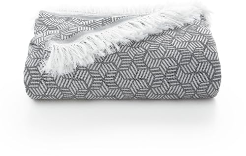 GAMUSI Mehrzweck-Tagesdecke für Bett und Sofa, Überwurf, weich, geometrische Baumwolle, 180 x 140 cm, Hellgrau