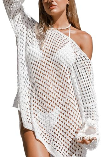 CUPSHE Women's Crochet Cover Up Cutout Drop Shoulder Long Sleeves Pullover Beachwear Top Blouse White M