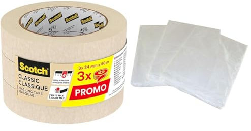 Scotch Ruban de Masquage Classic Premium, Promo Pack de 3 Rouleaux, 24 mm x 50m - Pour Peinture et Décoration Intérieure & NESPOLI 3 bâches de protection (3x20m²)