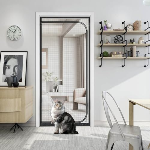 katzengitter balkontür, Verdickte Hund Katze Gittertür mit Reißverschluss, Türnetz Verhindern die Katze herausläuft, Katzenschutzgitter für Wohnzimmer, Schlafzimmer (Schwarz, 80 * 200cm)