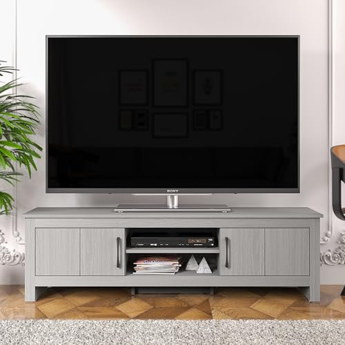 Galano Limestone Wide TV Unit – Entertainment Centre for TVs up to 65 Inches – Media Console with 2 Doors – Dark Grey Finish
