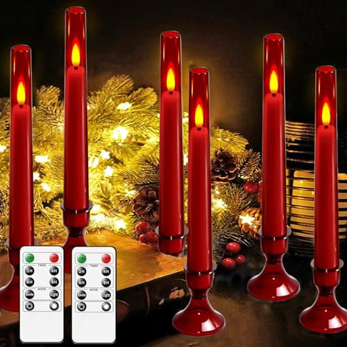 MUMCHASI Flameless Taper Candles, Battery Operated Candlesticks 6pcs (Red)