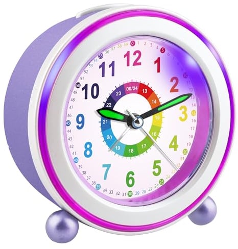 Ayybboo Wecker Kinder Ohne Ticken mit Snooze und Nachtlicht,Kinderwecker Batteriebetrieben Lernwecker für Jungen und Mädchen,Quarz Analog Wecker für Kinder (Violett)