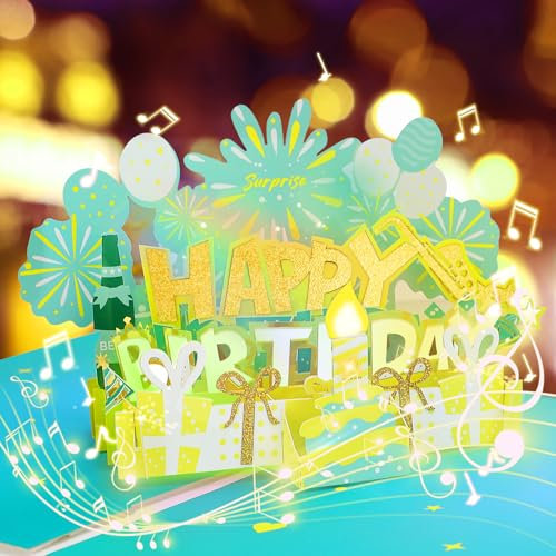 Große 3D Pop-Up Geburtstagskarte mit Musik und Licht - Glückwunschkarte zum Geburtstag mit pustbaren Licht-Kerzen - Happy Birthday Grußkarte für Frau Männer Mütter Väter Kinder - Grünes-Gold