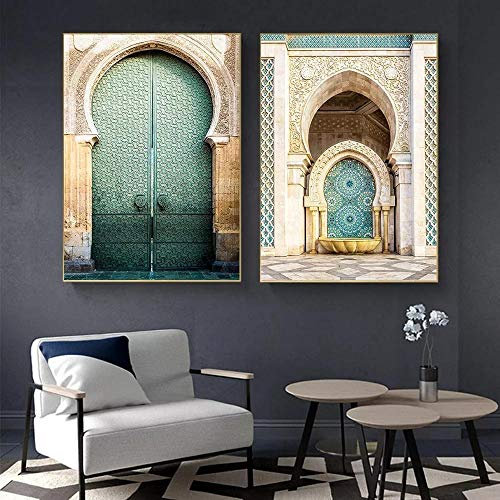 AdoDecor Bilder 2er Set, Wandbilder Wohnzimmer, Leinwand Bilder, Marokkanische Bogentür Bilder Schlafzimmer, Gemälde der Hassan-Moschee Leinwandbilder Zimmer Deko Aesthetic(Ungerahmt)
