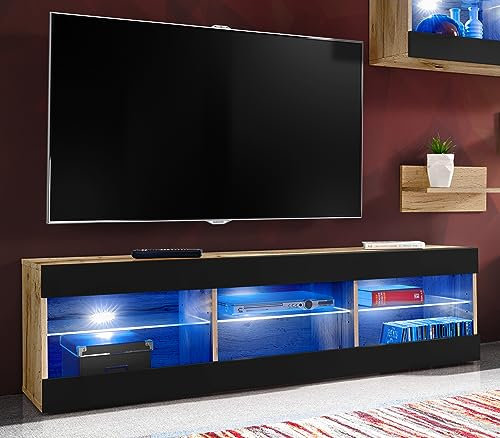 Komodee TV Schrank Tivoli, Schwarz/Wotan, Breite 140cm x Höhe 40,5cm x Tiefe 35,5cm, LED Blau, für Wohnzimmer, Schlafzimmer