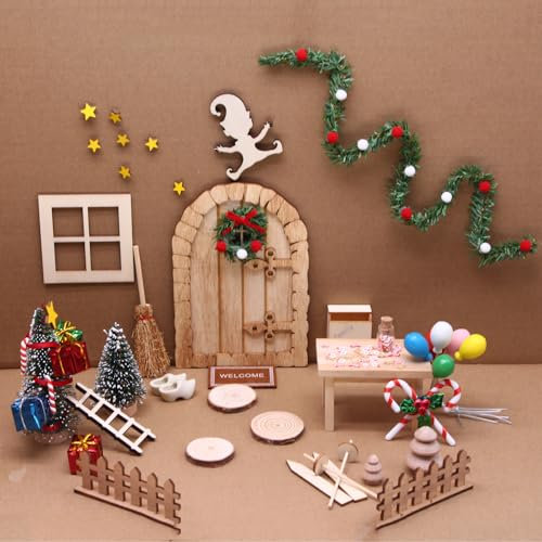 Weihnachten Puppenhaus Dekoration Miniatur Natur Holz Wichteltür Komplettset zubehör Garten Thema Weihnachtsbaum Weihnachtsgirlande Kleine Elfe Geist Weihnachten Party Dekoration Weihnachten