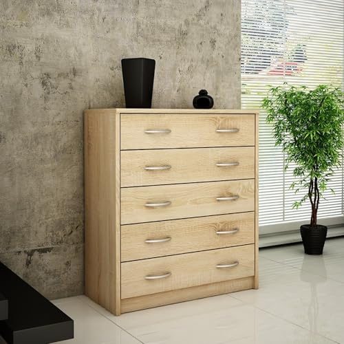 Home Collective Kommode mit 5 Schubladen mit Matter Oberfläche Kommode 74cm breit Holz Schrank Kommode mit Schubladen Sideboard Highboard Anrichte Schlafzimmer Wohnzimmer Flur Büro Organizer Sonoma