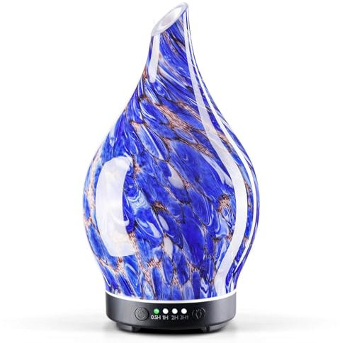 Porseme Aroma Diffuser 150ml,Handgeblasen Glas Diffuser für Ätherische Öle,Luftbefeuchter mit Timer Ultraschall Cool Mist Leise,7 Arten LED Lichtfarben,Auto Power-Off BPA Frei für Wohnung(Deep Blue)