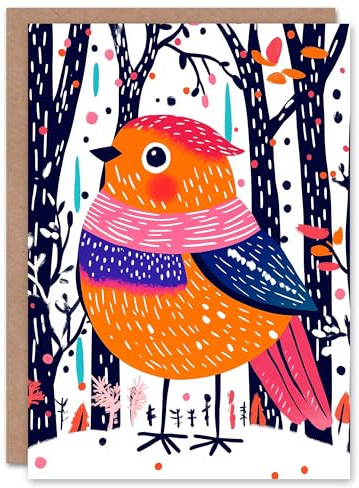 Wee Blue Coo Greeting Card Cute Robin Bird Pink Scarf Winter Forest Folk Art Blank For Him Or Her Art Xmas Christmas Card