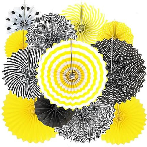 Losuya Honey Bee Party Hanging Paper Fans Black and Yellow Paper Fans Set for Bee Day Baby Shower Party Decorations