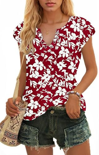 WNEEDU Tee Shirt Femme Col V Chemisier Femme Chic et Élégant Décontracté Haut Été Manche Courte Pétale Top Fleur Rouge Blanche M
