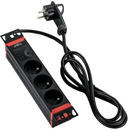 SABAJ Multiprise Rackable 10 Pouces - Bloc Multiprise Rackable 3 Prises Type E - 1.8m, Barre Multiprise Electrique pour Rack 1U - Protection Surtensions, Rotation 360°, Aluminium