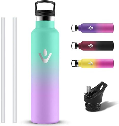 Grsta Botella Agua Acero Inoxidable 1 litro, Reutilizable Cantimplora Aislada sin BPA con Pajita y Filtro, Termo con 2 Tapones, Prueba de Fugas Botella Termica para Cámping, Senderismo, Adultos
