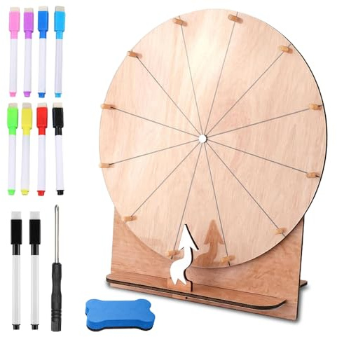 XPJBKC Glücksrad zum Drehen, 12 Steckplätze Gluecksrad Holz, 30CM Glücksrad mit Trocken Abwischbarem Marker und Radiergummi, Glücksrad zum Selbstgestalten, Drehrad Glücksrad für Wortspiele, Party