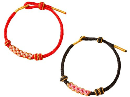 GIEEU Pulsera de la suerte hecha a mano, paquete de 2 brazaletes tibetanos de cuerda de buena suerte, cuerda trenzada a mano ajustable con flor de melocotón para tu pareja o mejor amigo