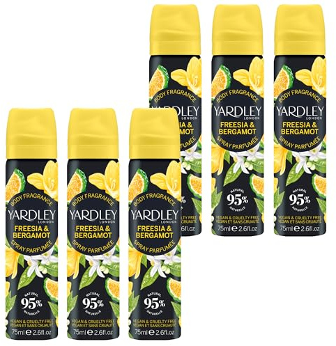 Yardley London Freesia Bergamot Body Spray, Floral Mist, 6x 75ml | Floral Body Mist with Notes of Bergamot and Lemon, 95% Natural Ingredients, Vegan and Cruelty Free, UK Made