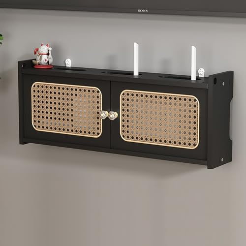 Rattan Holz Router Regal Wandmontage WLAN Router Aufbewahrungsbox, Rou ter Schrank für Büro und Zuhause, einfache Installation WiFi Box Verstecker, Wohn- und Bürodekoration(Black,L60cm/23.6in)