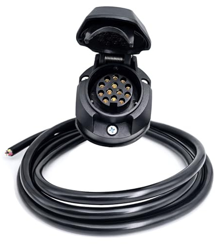 AOJO 13 Pin Trailer Socket with Cable 2m, 13 Pole Tow Bar Socket Prewired 0.5 mm x 8 Core Wire - Black