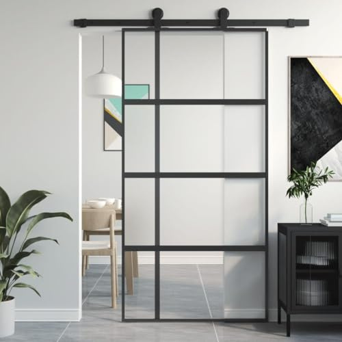 Porte coulissante noire 102,5 x 205 cm en verre trempé et aluminium, cadre en aluminium, kit d'intérieur moderne pour bureau, cuisine, salon, salle de douche