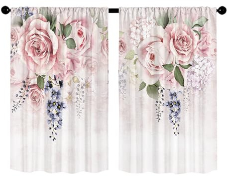 Fasbuy Scheibengardine Küchengardinen Bistrogardine 2er Set, Wohnzimmer Küche Küchengardinen kurz mit Stangendurchzug für Wohnwagen Landhausstil Bauernhaus (Rosa Rose,60x45cm)